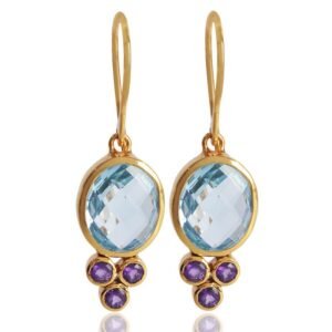 Silver blue topaz and amethyst dangle earrings with gold-plated accents, handcrafted luxury jewelry main view