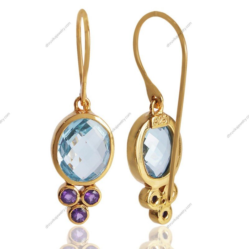 Silver blue topaz and amethyst dangle earrings with gold-plated accents, handcrafted luxury jewelry view1