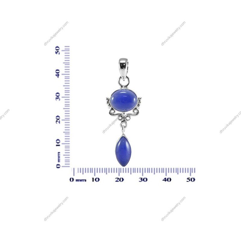 Sterling silver blue chalcedony pendant with vintage detailing and polished gemstones view1