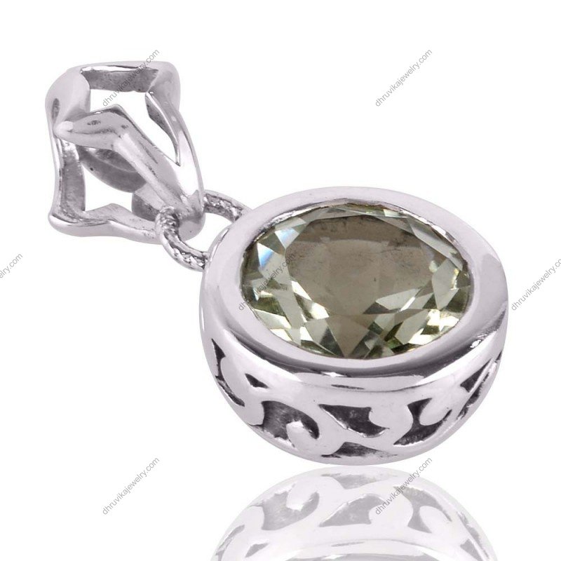 Silver green amethyst pendant with round-cut gemstone in a bezel setting alternate image