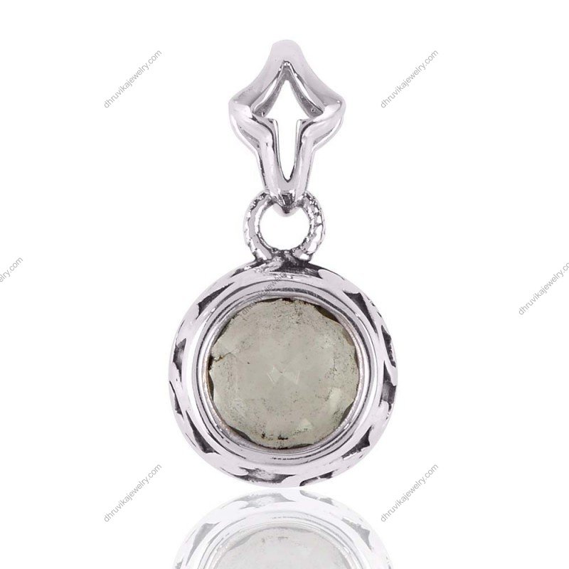 Silver green amethyst pendant with round-cut gemstone in a bezel setting view1