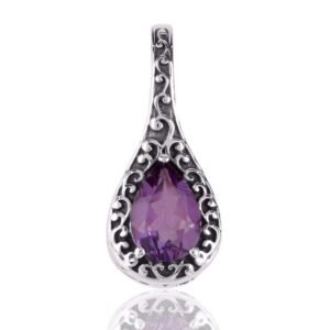 Sterling silver amethyst teardrop pendant with vintage filigree detailing main view