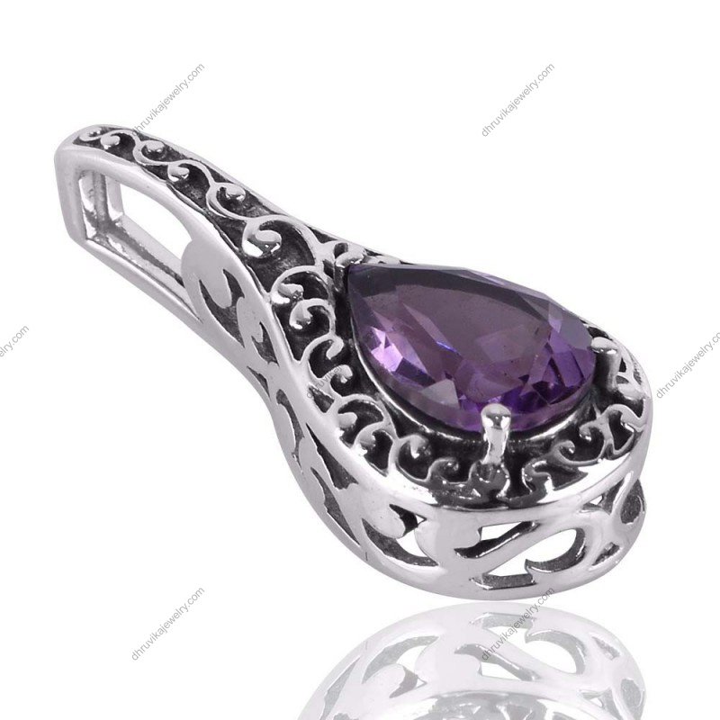 Sterling silver amethyst teardrop pendant with vintage filigree detailing alternate image