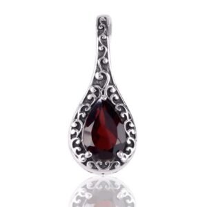 Sterling silver garnet teardrop pendant with filigree design, elegant vintage jewelry main view