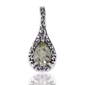 Green amethyst sterling silver teardrop pendant with intricate filigree design main view