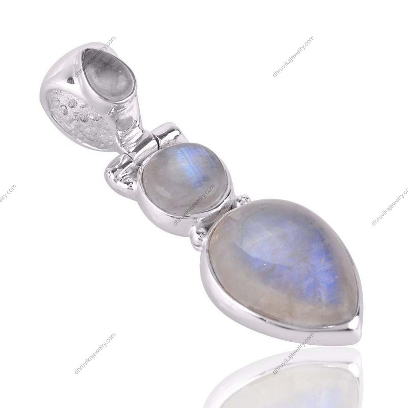 Sterling silver moonstone pendant with three luminous moonstones, elegant and mystical jewelry piece alternate image