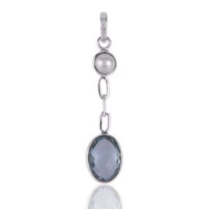 Sterling silver blue topaz and pearl drop pendant with delicate chain links main view