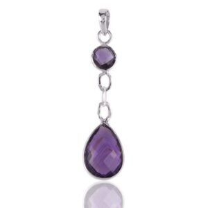 Sterling silver amethyst pendant with teardrop gemstone and faceted design main view