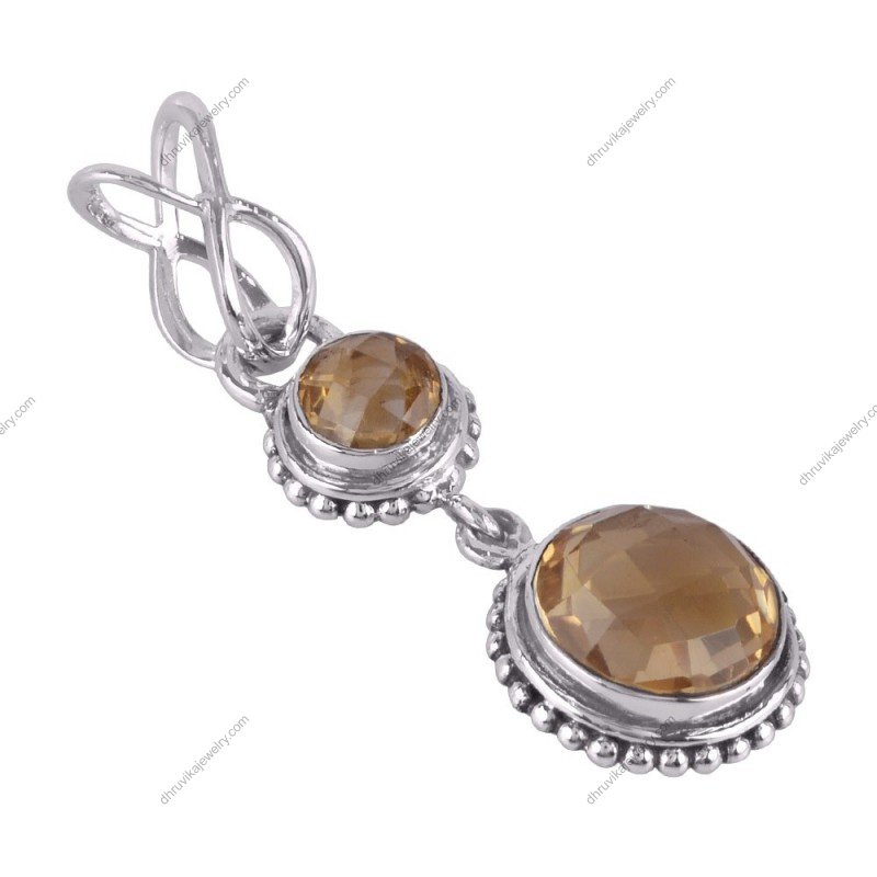 Sterling silver citrine pendant with two round gemstones, handmade elegant jewelry alternate image