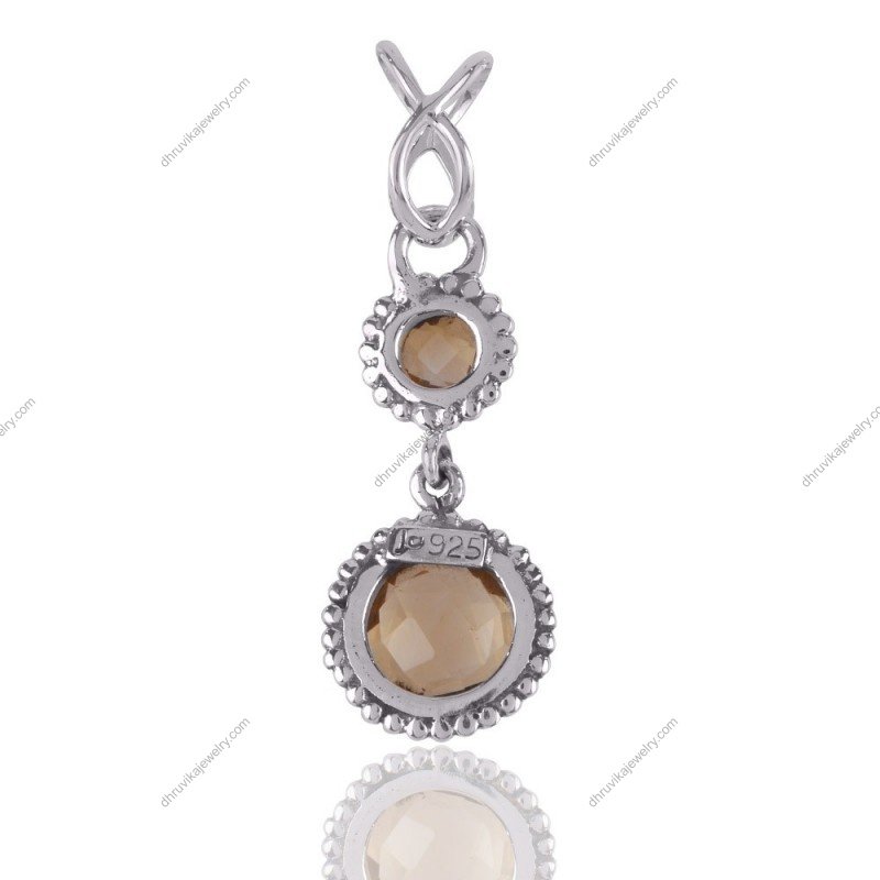 Sterling silver citrine pendant with two round gemstones, handmade elegant jewelry view1