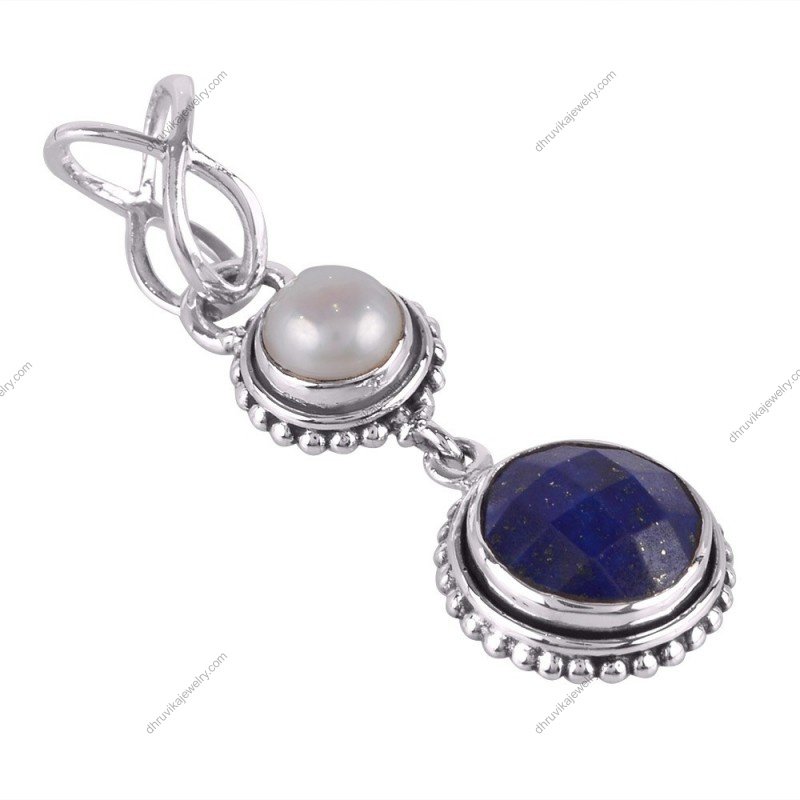 Sterling silver pearl and lapis lazuli pendant with intricate metalwork design alternate image