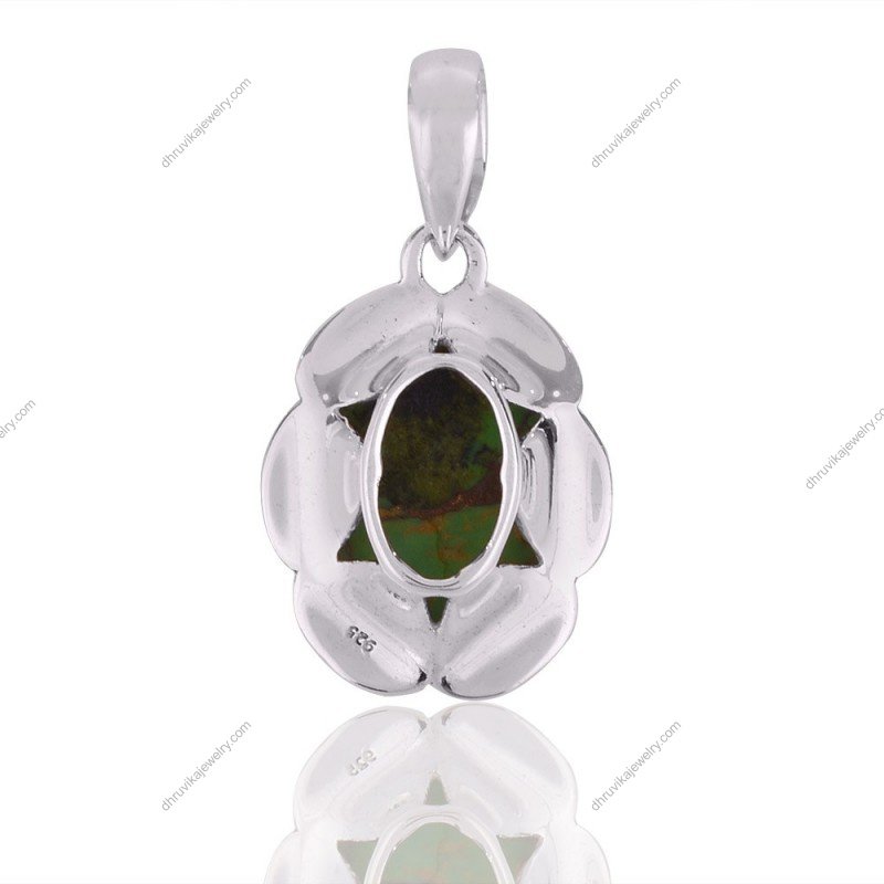 Handmade sterling silver green copper turquoise pendant with oval gemstone setting view1