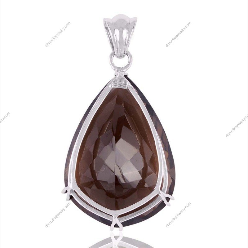 Smoky quartz teardrop pendant in sterling silver with faceted gemstone view1