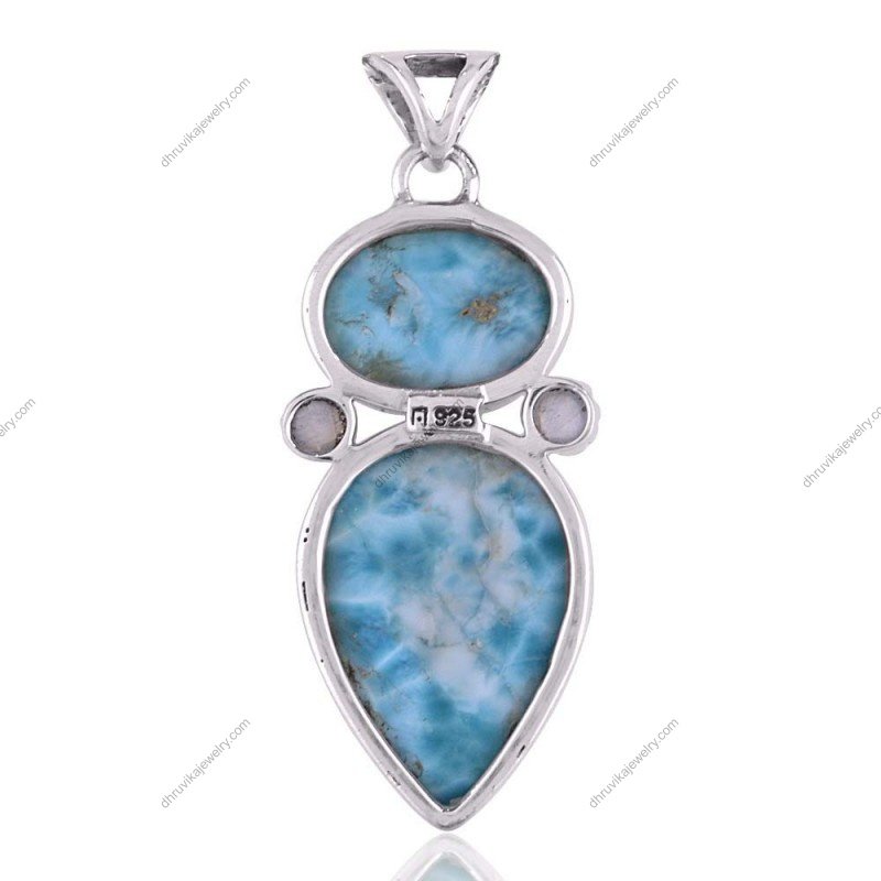 Sterling silver larimar pendant with moonstone accents, ocean-inspired blue gemstone jewelry view1