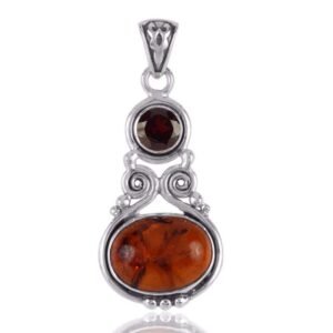 Handcrafted sterling silver amber and garnet pendant with intricate vintage-inspired details main view