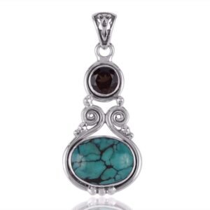 Handcrafted sterling silver turquoise and smoky quartz pendant with intricate design main view