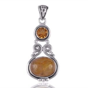 Sterling silver citrine and rutilated quartz pendant with artisan craftsmanship main view