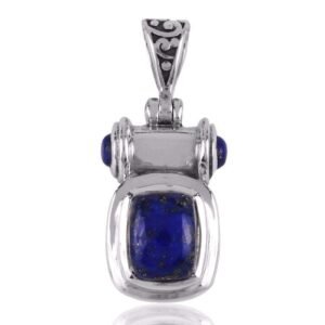 Sterling silver lapis lazuli scarab pendant with intricate design and deep blue gemstone main view