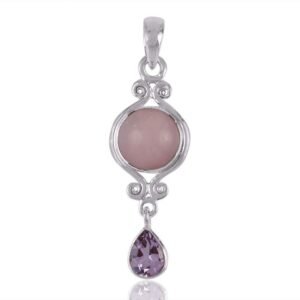 Sterling silver rose quartz and amethyst pendant with intricate scroll detailing main view