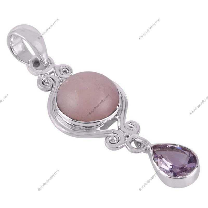 Sterling silver rose quartz and amethyst pendant with intricate scroll detailing alternate image