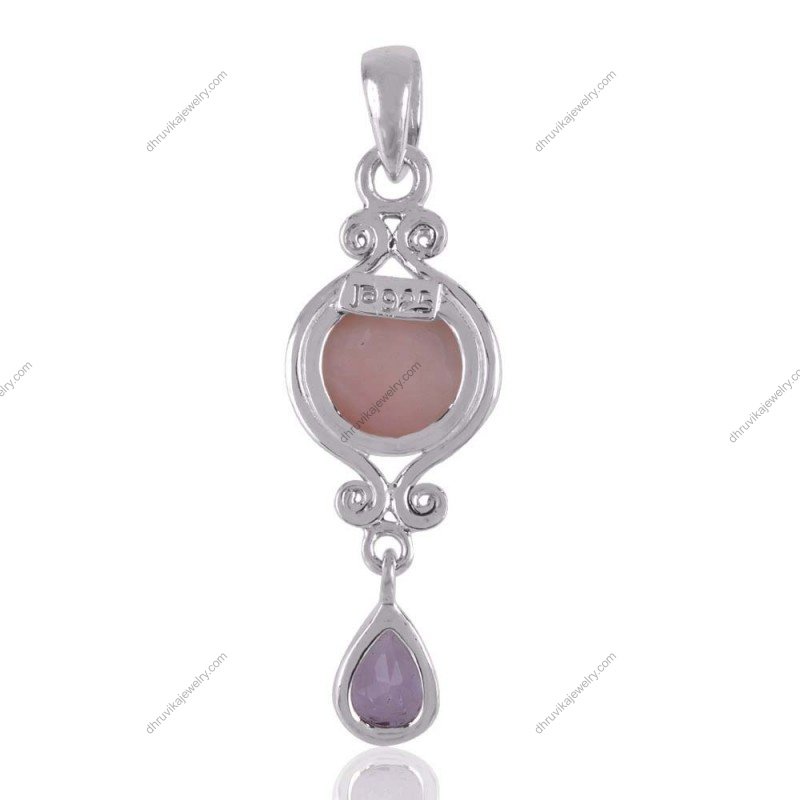 Sterling silver rose quartz and amethyst pendant with intricate scroll detailing view1