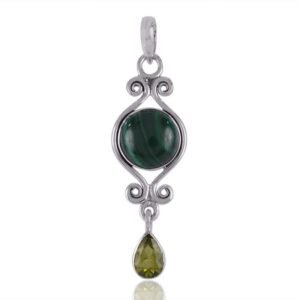 Elegant silver malachite pendant with peridot drop, handcrafted gemstone jewelry. main view