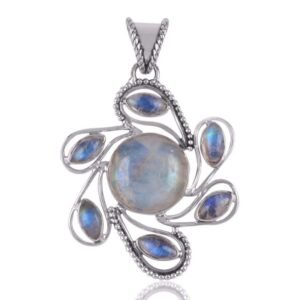 Handcrafted sterling silver moonstone pendant with floral accents and glowing moonstone main view