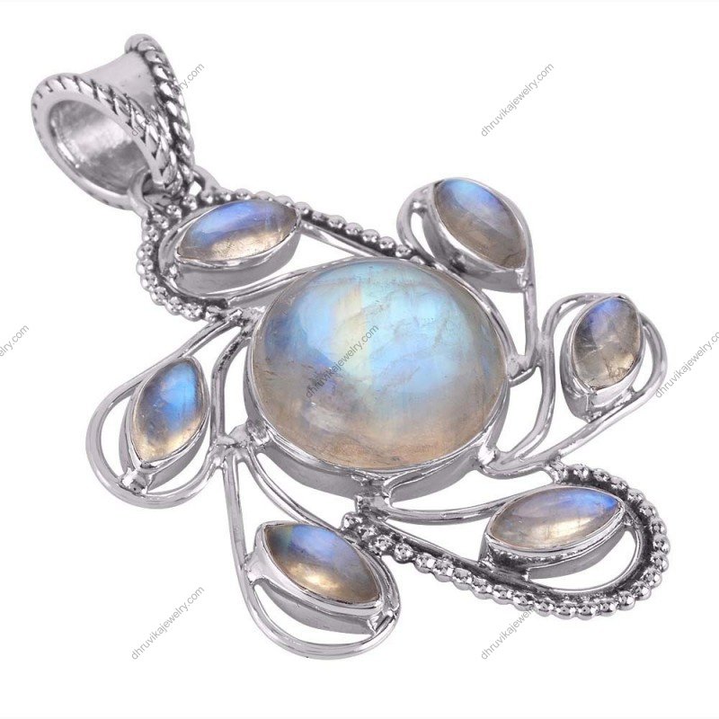 Handcrafted sterling silver moonstone pendant with floral accents and glowing moonstone alternate image