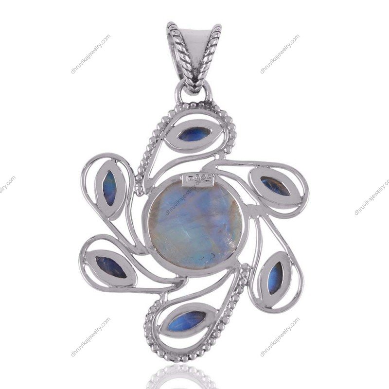 Handcrafted sterling silver moonstone pendant with floral accents and glowing moonstone view1
