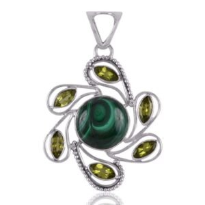 Sterling silver malachite and peridot pendant with intricate filigree floral design main view