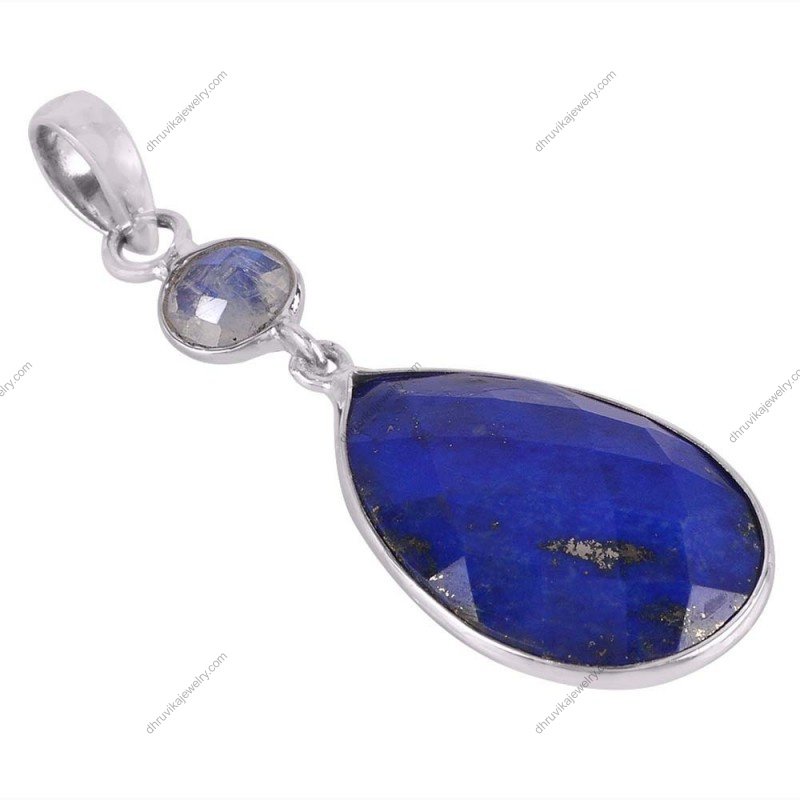 Sterling silver lapis lazuli and moonstone pendant, handcrafted elegant gemstone jewelry alternate image