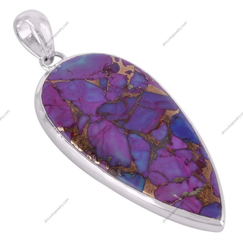 Sterling silver purple copper turquoise pendant in teardrop design with copper veining alternate image