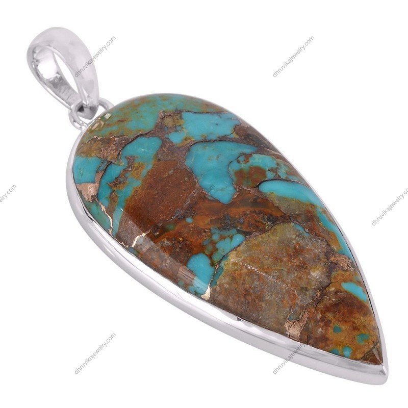 Turquoise copper teardrop pendant in sterling silver with unique handcrafted design alternate image