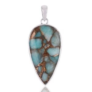 Sterling silver copper turquoise teardrop pendant with handcrafted design main view