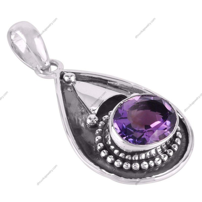 Handcrafted sterling silver amethyst teardrop pendant with intricate detailing alternate image