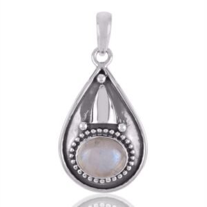 Handmade sterling silver moonstone teardrop pendant with intricate detailing main view