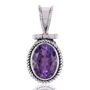 Sterling silver amethyst pendant with oval-cut gemstone and intricate rope detailing main view