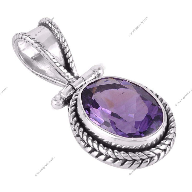 Sterling silver amethyst pendant with oval-cut gemstone and intricate rope detailing alternate image