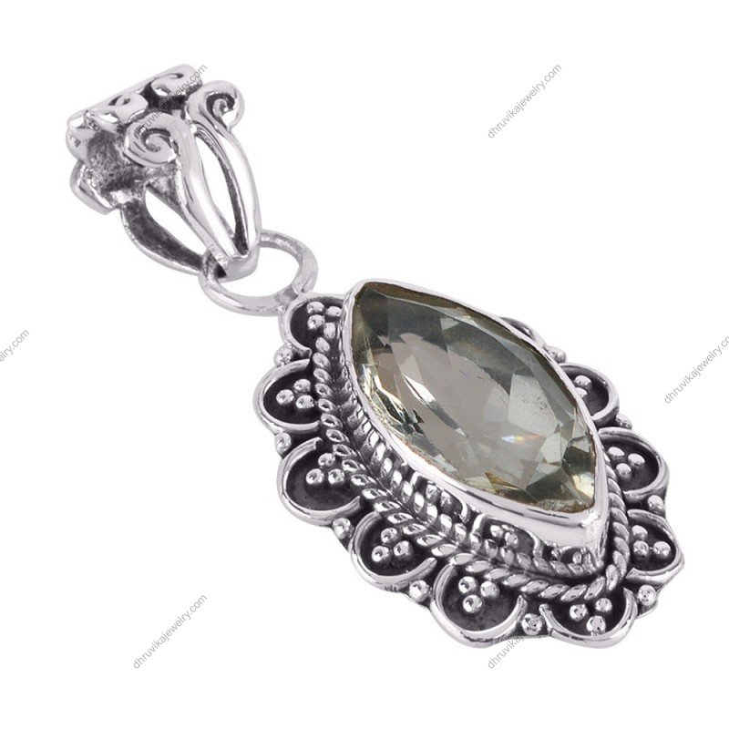 Vintage silver green amethyst pendant with filigree design and marquise gemstone alternate image