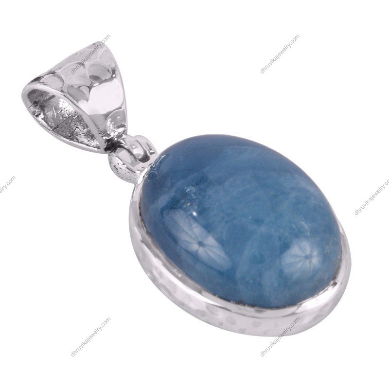 Sterling silver blue aquamarine pendant with handcrafted hammered-texture bail alternate image