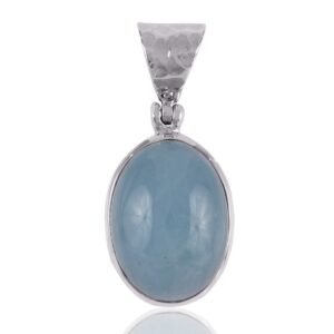 Sterling silver aquamarine pendant with oval gemstone and hammered bail detail main view