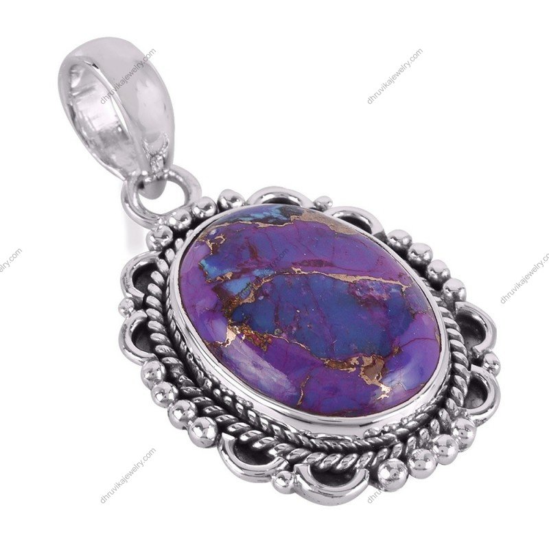 Sterling silver purple copper turquoise pendant with intricate handcrafted detailing alternate image