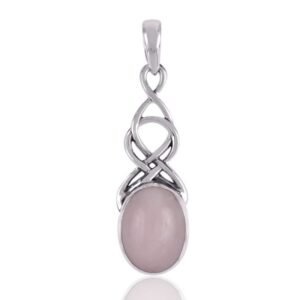 Silver rose quartz pendant with Celtic knot design in sterling silver main view