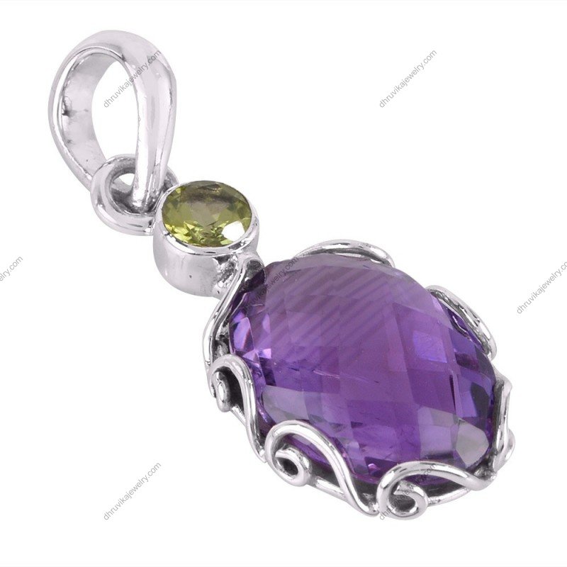 Sterling silver amethyst and peridot pendant with faceted gemstones, elegant handcrafted jewelry. alternate image