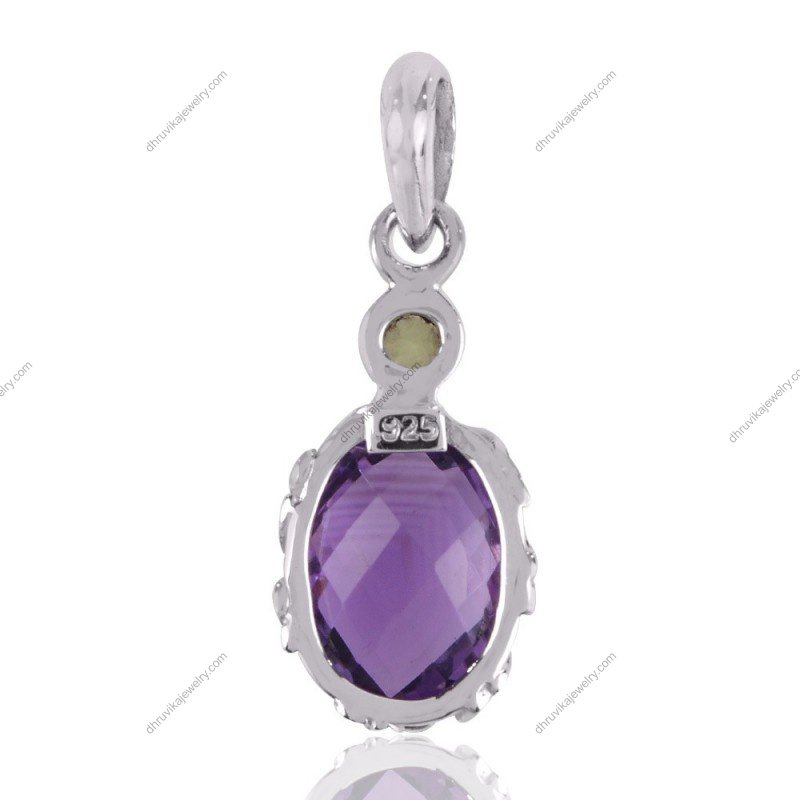 Sterling silver amethyst and peridot pendant with faceted gemstones, elegant handcrafted jewelry. view1