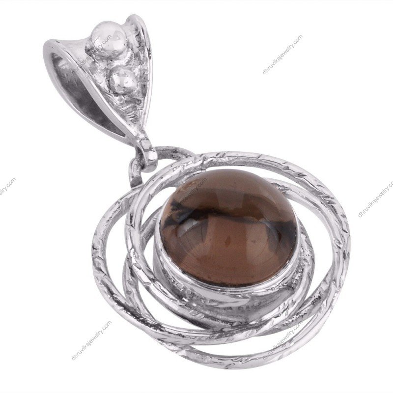 Sterling silver smoky quartz pendant with intricate swirl design, elegant gemstone jewelry alternate image