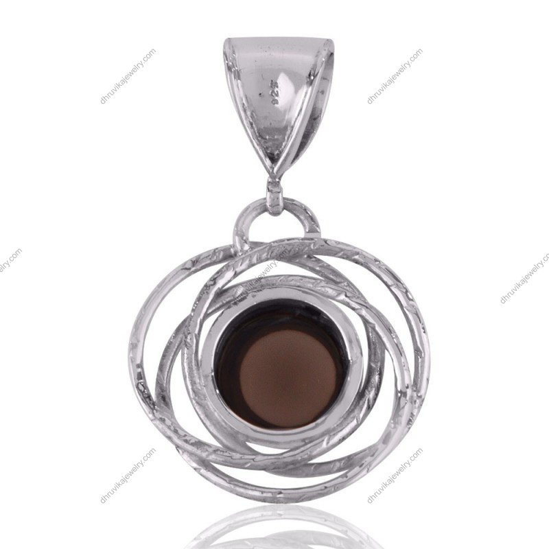 Sterling silver smoky quartz pendant with intricate swirl design, elegant gemstone jewelry view1