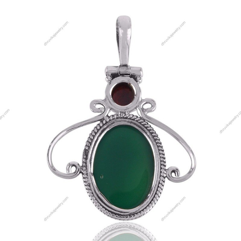 Sterling silver green onyx pendant with garnet accent, featuring intricate filigree design view1