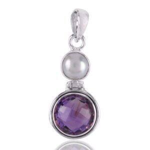 Sterling silver amethyst and pearl pendant with a round faceted gemstone and freshwater pearl main view