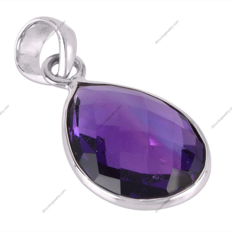 Amethyst teardrop pendant in sterling silver with faceted gemstone alternate image